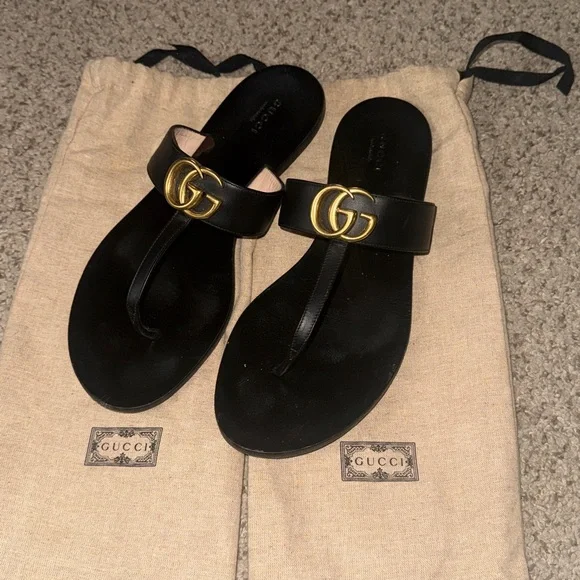 Gucci Marmont Leather Thong Sandal with Double G (GG) — Black Size 40 - Picture 1 of 14